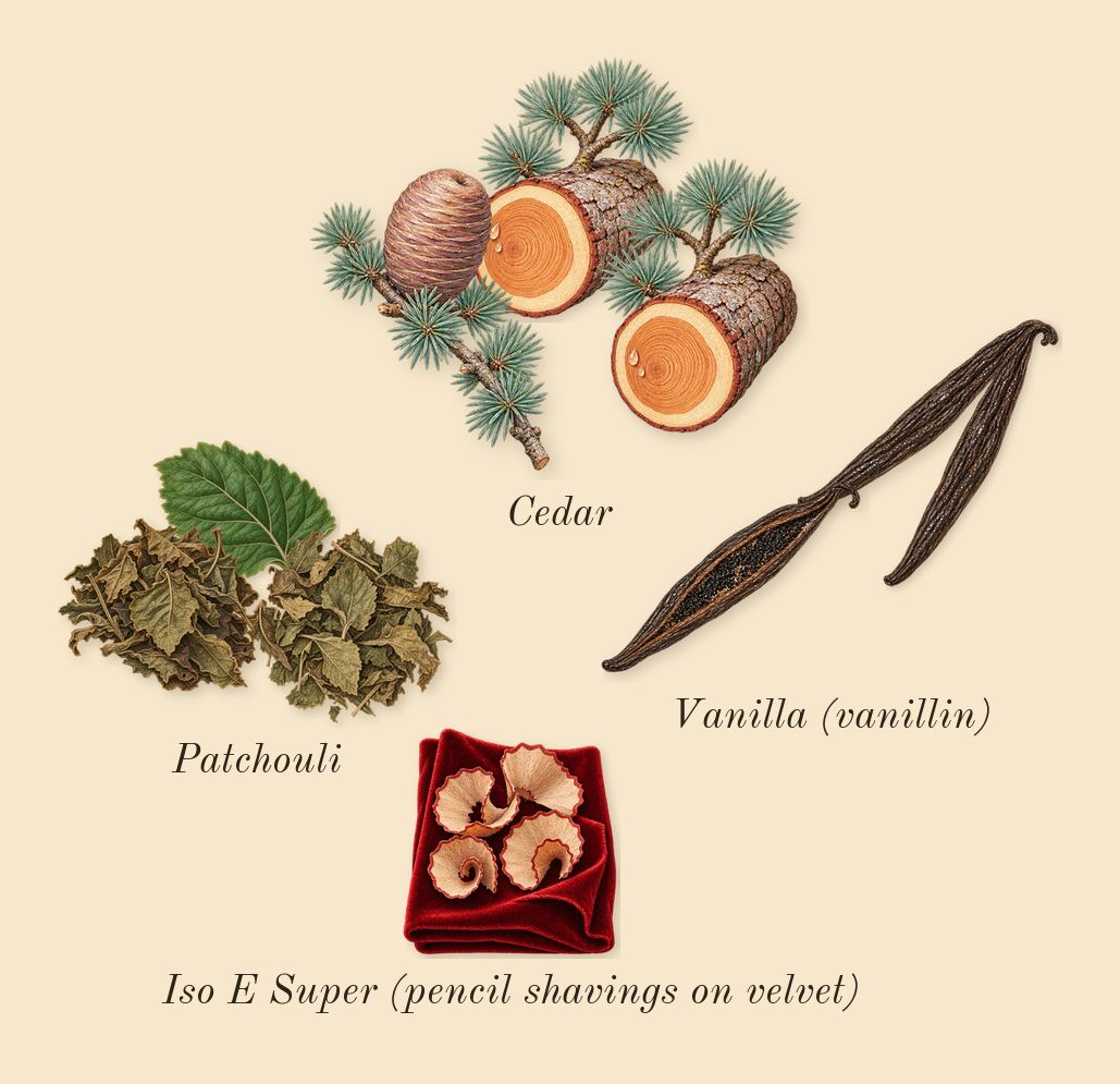 Decision, dry-down: Patchouli, Cedar, Vanilla (vanillin), Iso E Super (pencil shavings on velvet)