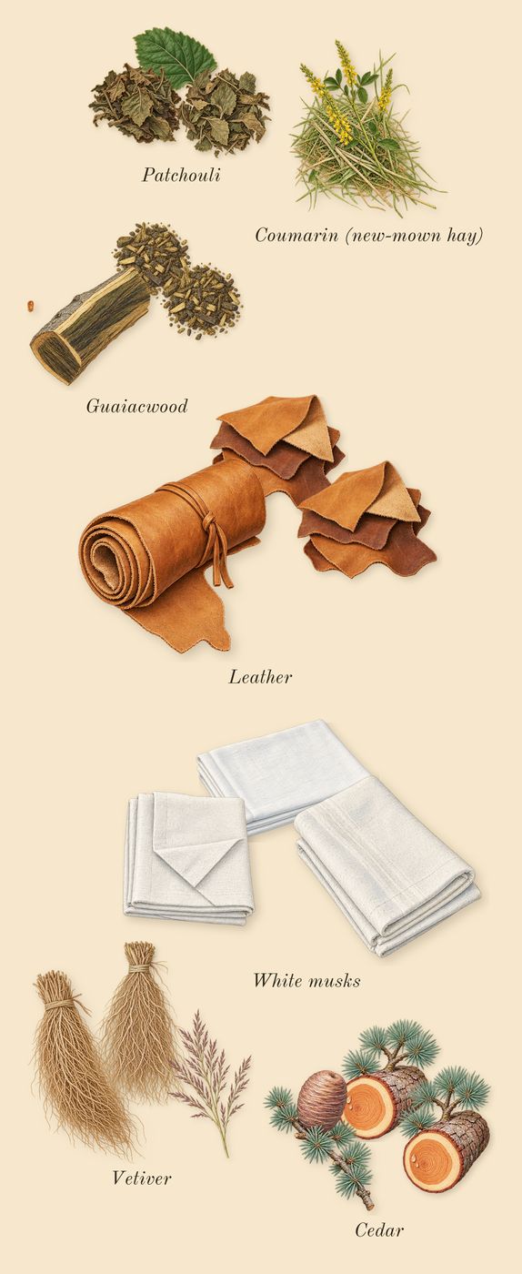 Dia Man, dry-down: Leather, White musks, Patchouli, Vetiver, Guaiacwood, Cedar, Coumarin (new-mown hay)