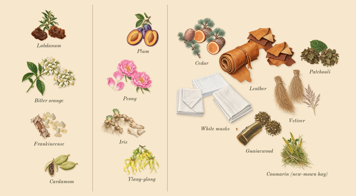 Dia Man’s scent picture, a draft: bitter orange, cardamom, frankincense, labdanum, plum, ylang-ylang drawn so far; dashed outlines where nothing is drawn yet