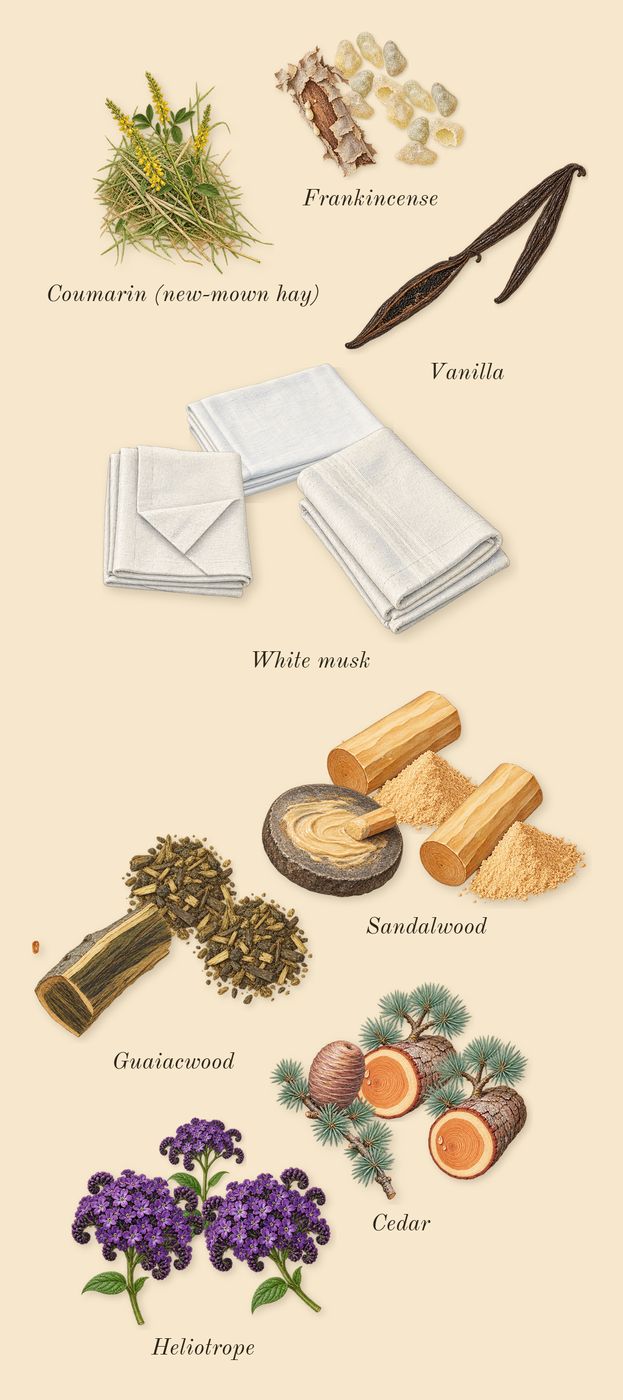 Dia Woman, dry-down: White musk, Frankincense, Vanilla, Heliotrope, Cedar, Sandalwood, Guaiacwood, Coumarin (new-mown hay)