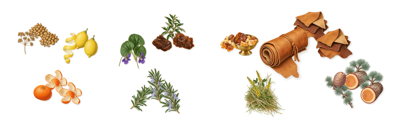 Only The Brave’s scent picture, a draft: lemon, mandarin, coriander, labdanum, violet, rosemary drawn so far; dashed outlines where nothing is drawn yet