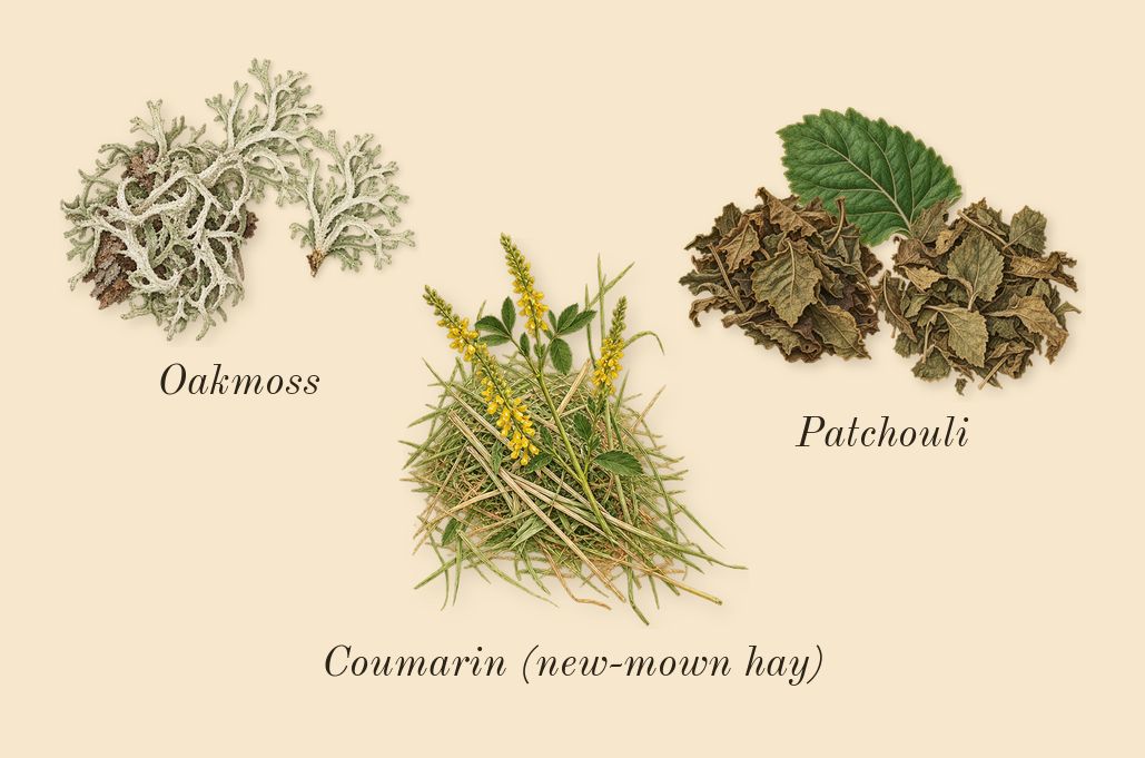 Eau Sauvage, dry-down: Oakmoss, Patchouli, Coumarin (new-mown hay)
