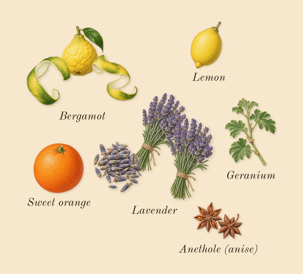 Eau Sauvage, top notes: Bergamot, Lavender, Lemon, Sweet orange, Geranium, Anethole (anise)