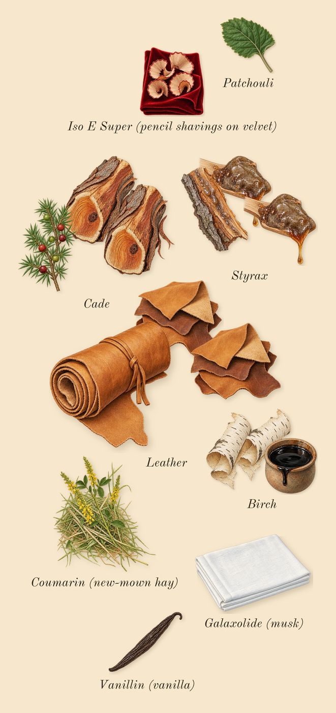 Fahrenheit, dry-down: Leather, Birch, Styrax, Cade, Patchouli, Iso E Super (pencil shavings on velvet), Galaxolide (musk), Coumarin (new-mown hay), Vanillin (vanilla)
