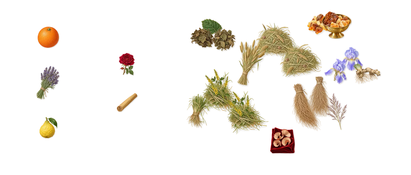 Homme’s scent picture, a draft: iris, amber, patchouli, vetiver, coumarin (new-mown hay), hay drawn so far; dashed outlines where nothing is drawn yet