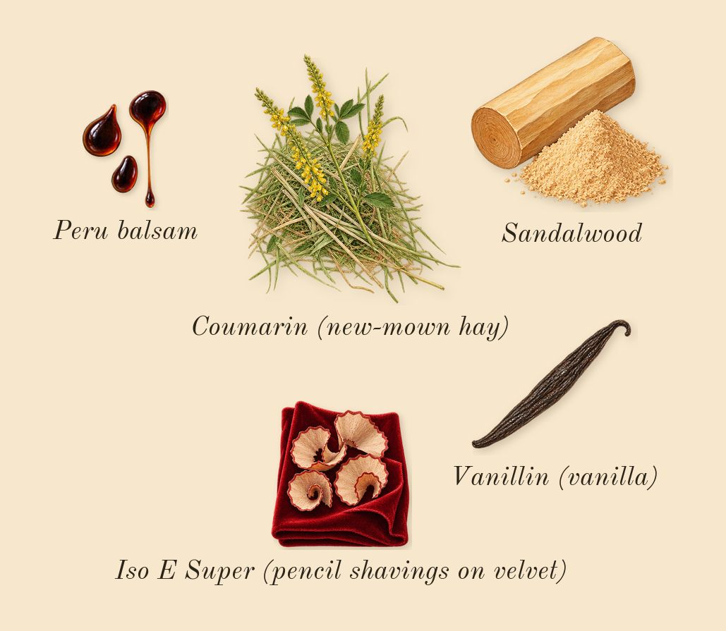J'adore, dry-down: Sandalwood, Peru balsam, Iso E Super (pencil shavings on velvet), Vanillin (vanilla), Coumarin (new-mown hay)