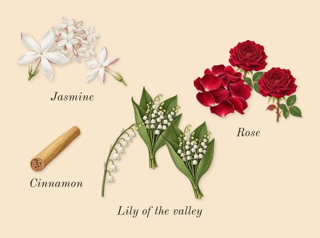 J'adore, heart: Rose, Jasmine, Lily of the valley, Cinnamon