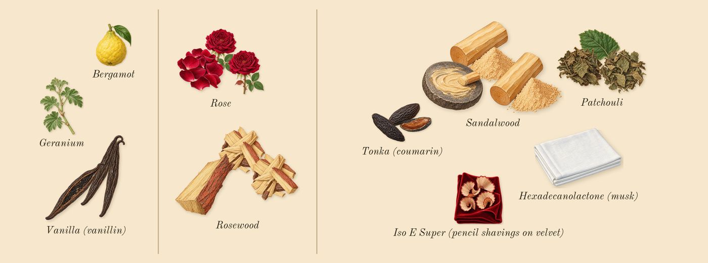 Miss Dior’s scent picture, a draft: rose, sandalwood, patchouli, rosewood, vanilla (vanillin), tonka (coumarin) drawn so far; dashed outlines where nothing is drawn yet