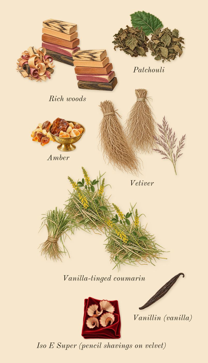 Sauvage, dry-down: Rich woods, Vanilla-tinged coumarin, Amber, Vetiver, Patchouli, Iso E Super (pencil shavings on velvet), Vanillin (vanilla)