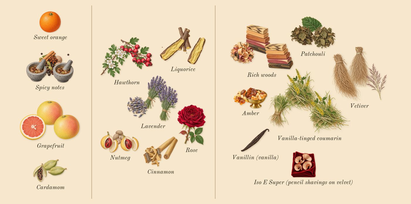Sauvage’s scent picture, a draft: grapefruit, spicy notes, lavender, rich woods, cinnamon, nutmeg drawn so far; dashed outlines where nothing is drawn yet