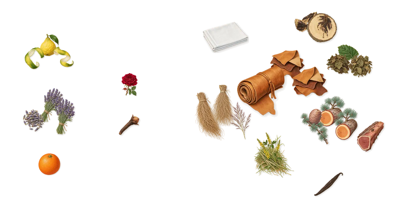 Sauvage Extrait’s scent picture, a draft: lavender, bergamot, oud, patchouli, vetiver, cedar drawn so far; dashed outlines where nothing is drawn yet