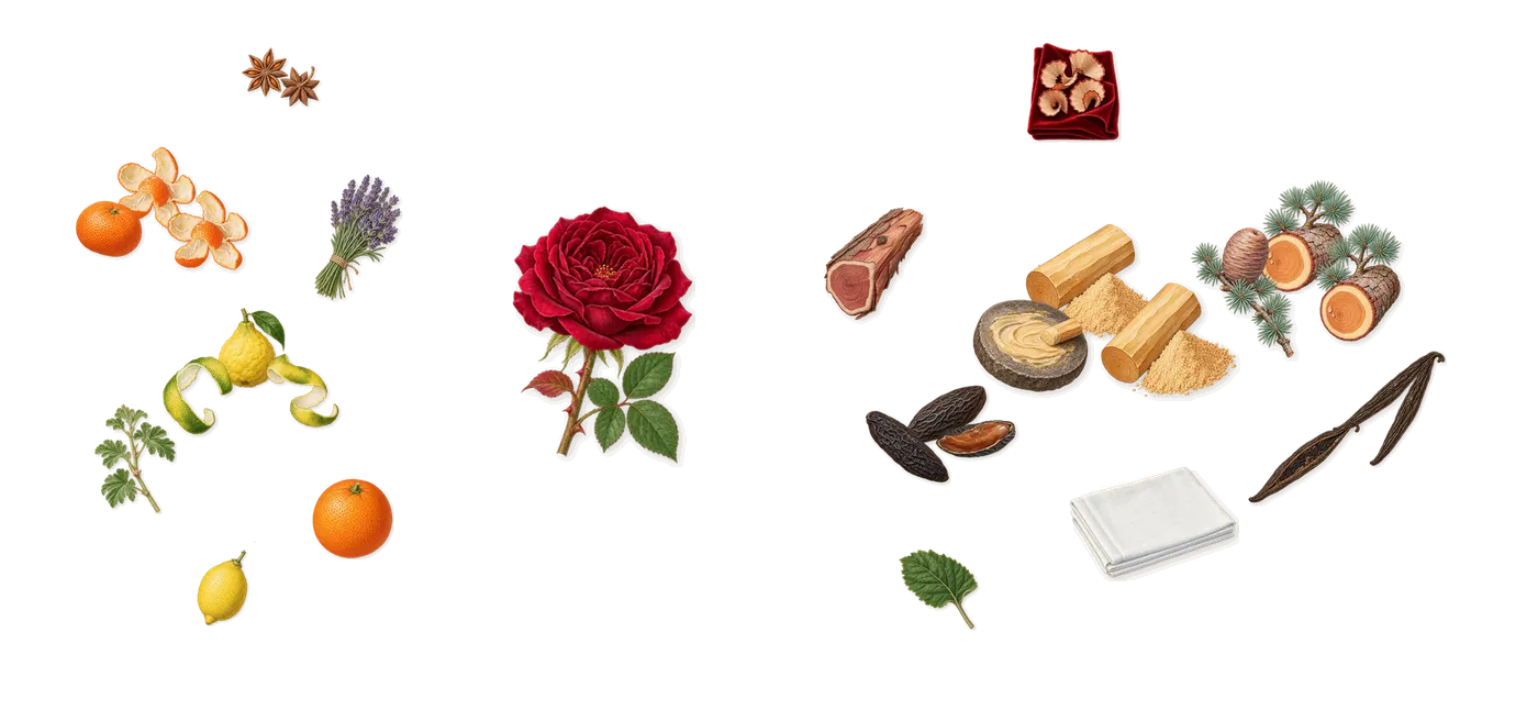 Sauvage’s scent picture, a draft: mandarin, bergamot, sandalwood, cedar, vanilla (vanillin), tonka (coumarin) drawn so far; dashed outlines where nothing is drawn yet