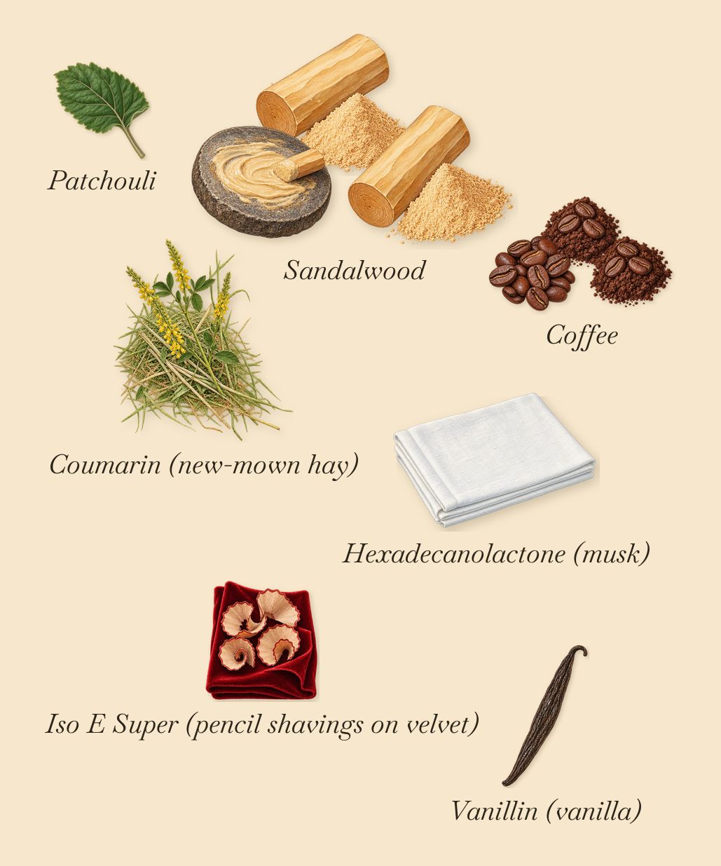 By Woman Re-Edition, what stays: Sandalwood, Coffee, Patchouli, Coumarin (new-mown hay), Iso E Super (pencil shavings on velvet), Vanillin (vanilla), Hexadecanolactone (musk)