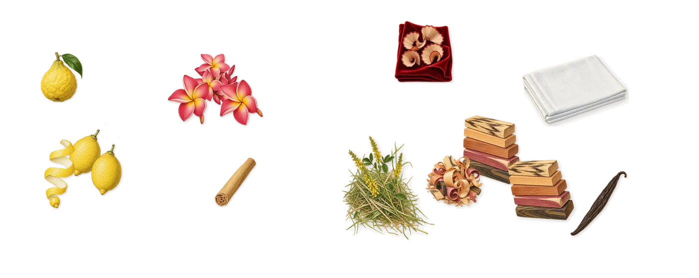 Light Blue’s scent picture, a draft: lemon, frangipani, ambery woods, bergamot, cinnamon, iso e super (pencil shavings on velvet) drawn so far; dashed outlines where nothing is drawn yet