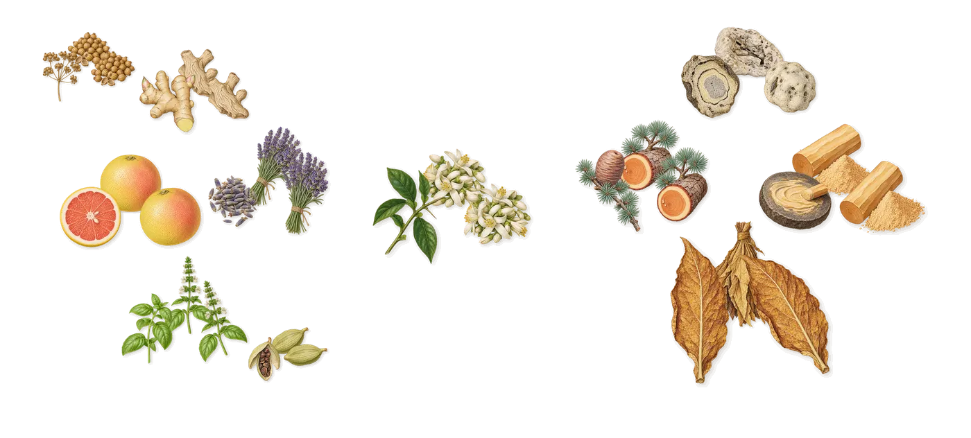 The One for Men’s scent picture, a draft: basil, lavender, sandalwood, grapefruit, coriander, cardamom drawn so far; dashed outlines where nothing is drawn yet