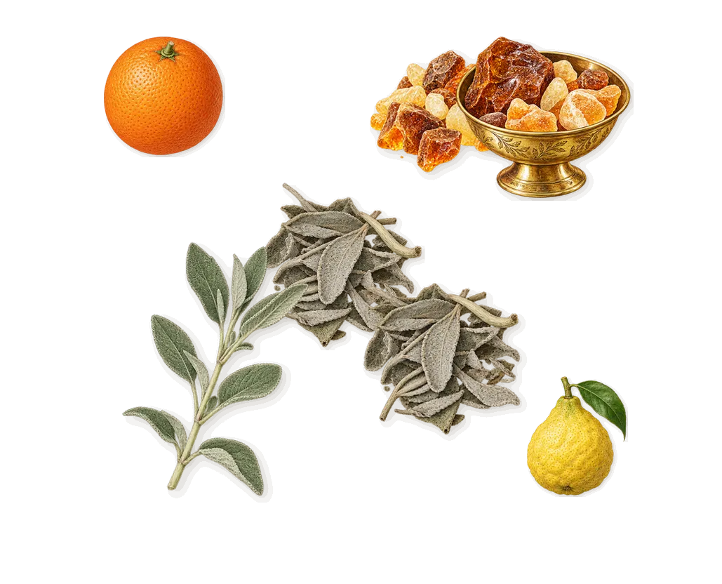 Velvet Amber Sage, when you spray it: Amber, Sage, Bergamot, Sweet orange