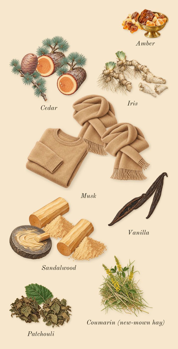 Cashmere Mist, dry-down: Sandalwood, Iris, Amber, Vanilla, Cedar, Patchouli, Musk, Coumarin (new-mown hay)