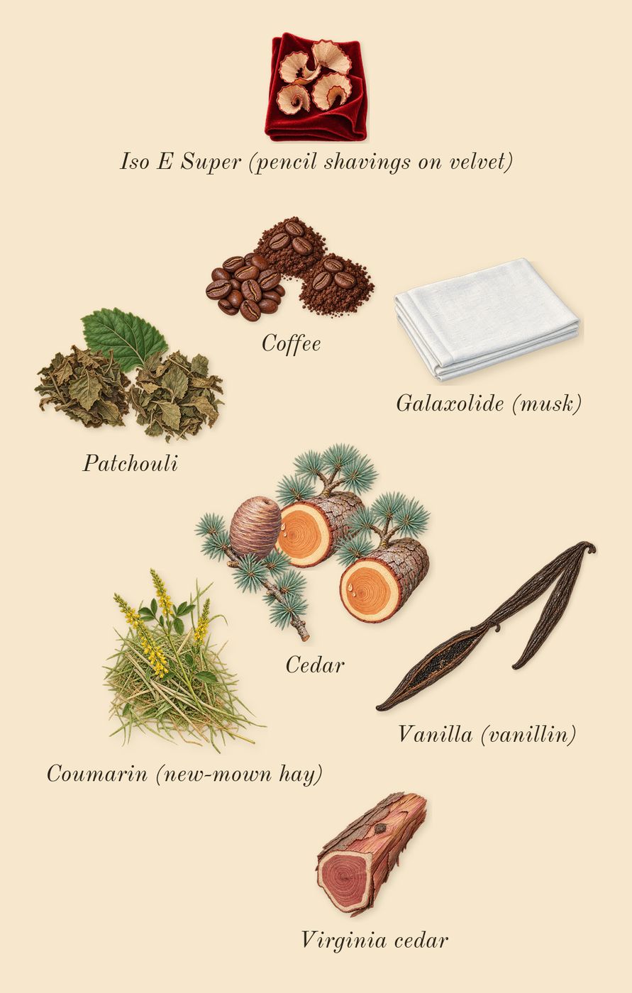 Ambery Vanilla, dry-down: Cedar, Patchouli, Vanilla (vanillin), Coffee, Virginia cedar, Iso E Super (pencil shavings on velvet), Galaxolide (musk), Coumarin (new-mown hay)