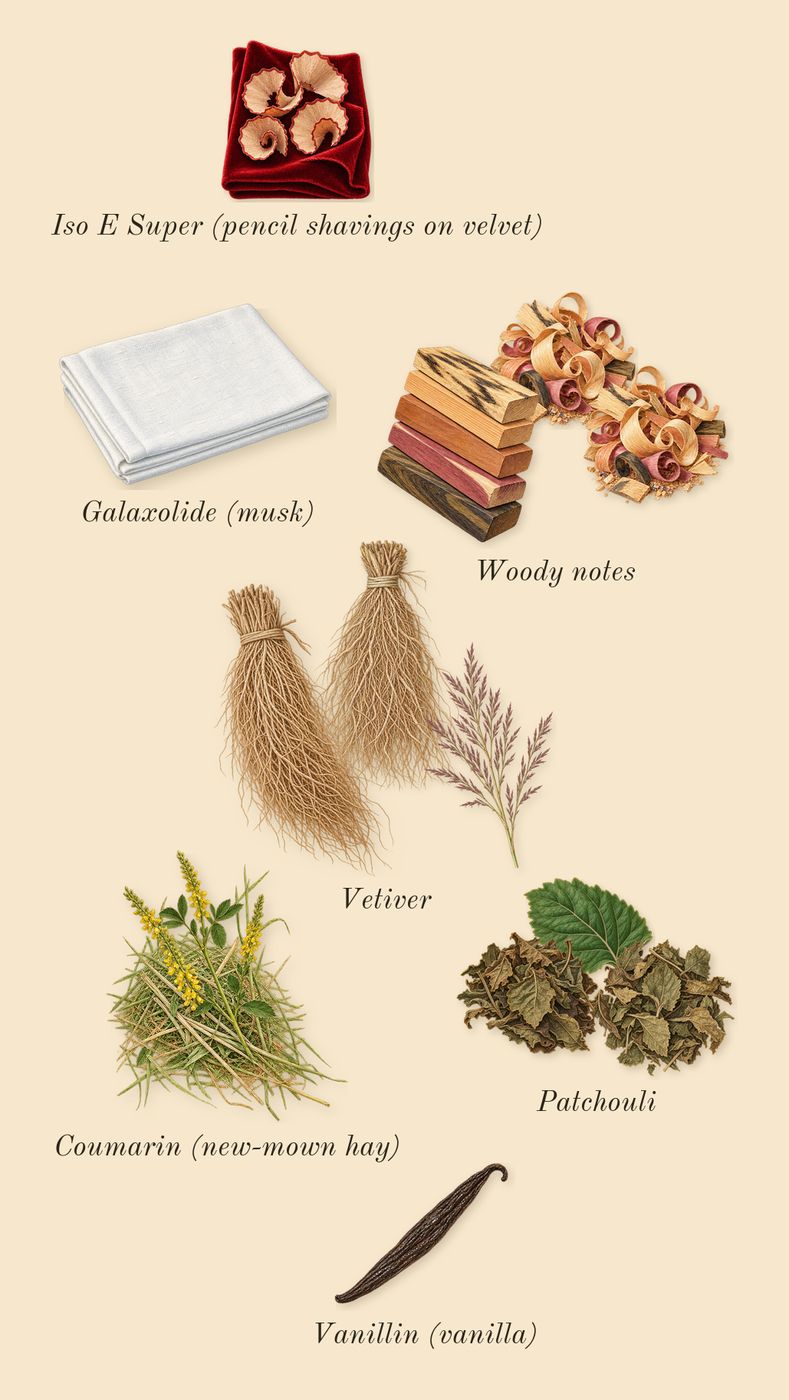 Aromatic Star Anise, dry-down: Patchouli, Woody notes, Vetiver, Iso E Super (pencil shavings on velvet), Galaxolide (musk), Coumarin (new-mown hay), Vanillin (vanilla)