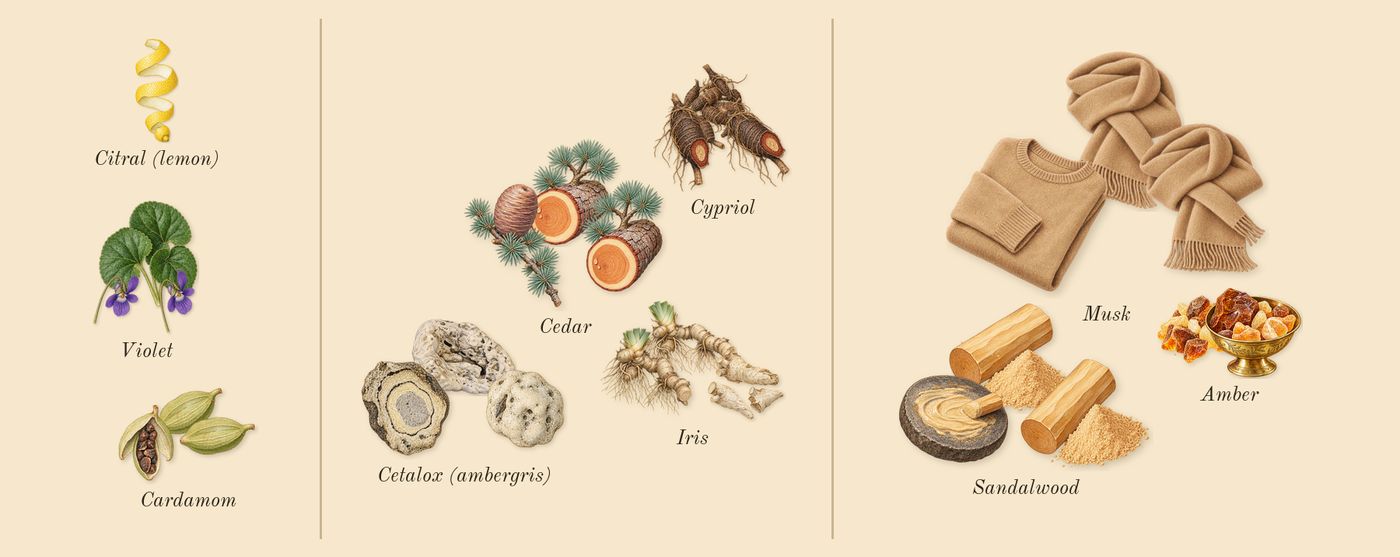 Woody Sandalwood’s scent picture, a draft: violet, cardamom, iris, cetalox (ambergris), cedar, cypriol drawn so far; dashed outlines where nothing is drawn yet