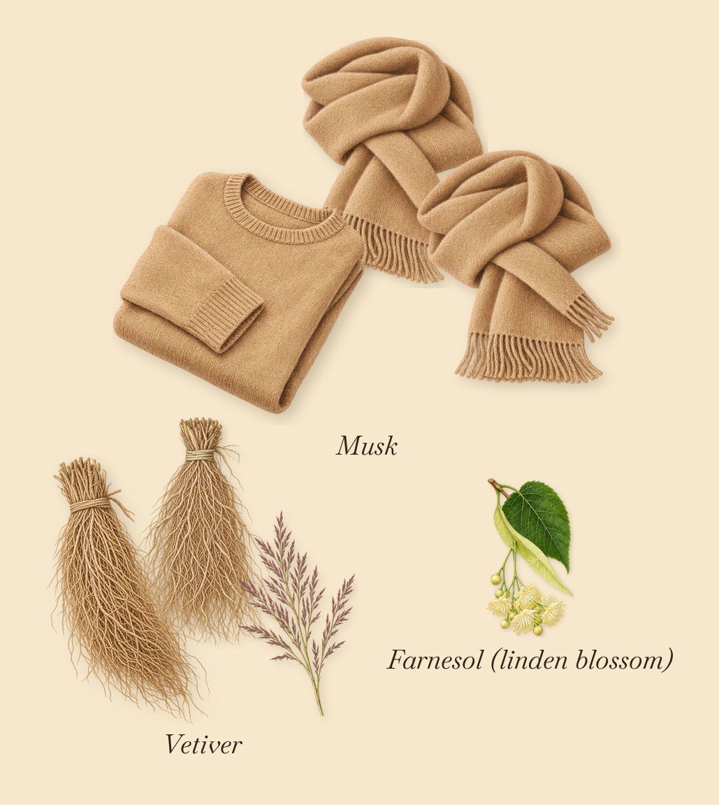 Cannabis Patchouli, what stays: Vetiver, Musk, Farnesol (linden blossom)