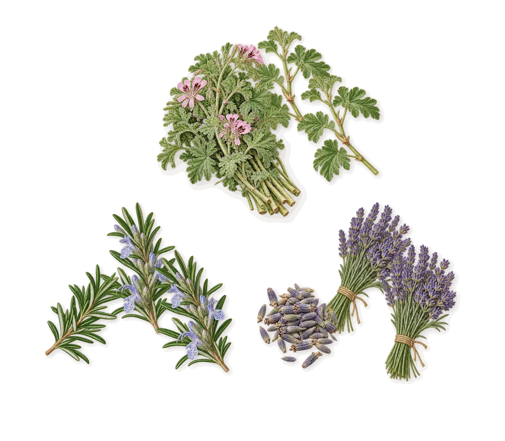 Crazy Basil, as it settles: Geranium, Lavender, Rosemary