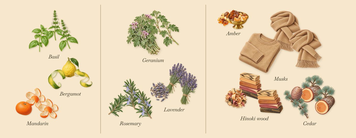 Crazy Basil’s scent picture, a draft: basil, bergamot, mandarin, geranium, lavender, rosemary drawn so far; dashed outlines where nothing is drawn yet