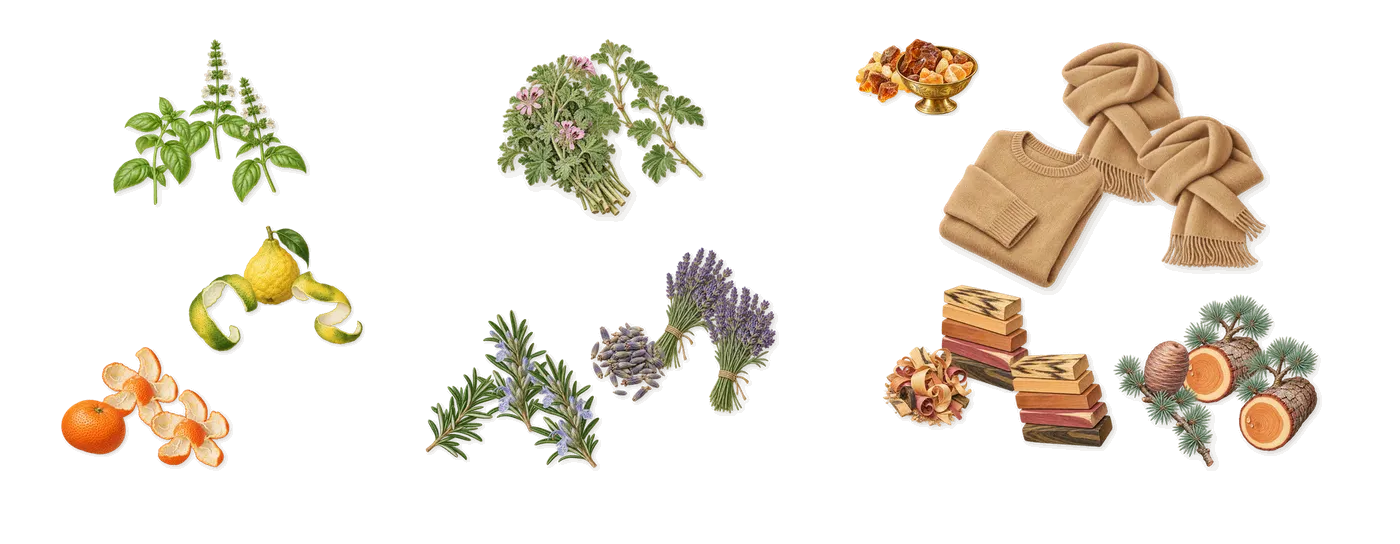Crazy Basil’s scent picture, a draft: basil, bergamot, mandarin, geranium, lavender, rosemary drawn so far; dashed outlines where nothing is drawn yet