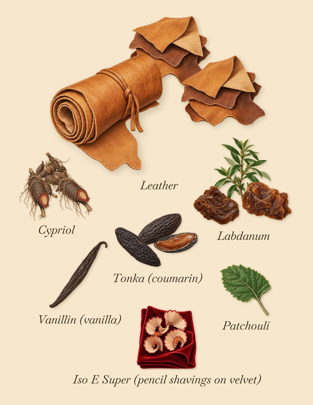 Havana Gold, what stays: Tonka (coumarin), Leather, Cypriol, Labdanum, Patchouli, Iso E Super (pencil shavings on velvet), Vanillin (vanilla)
