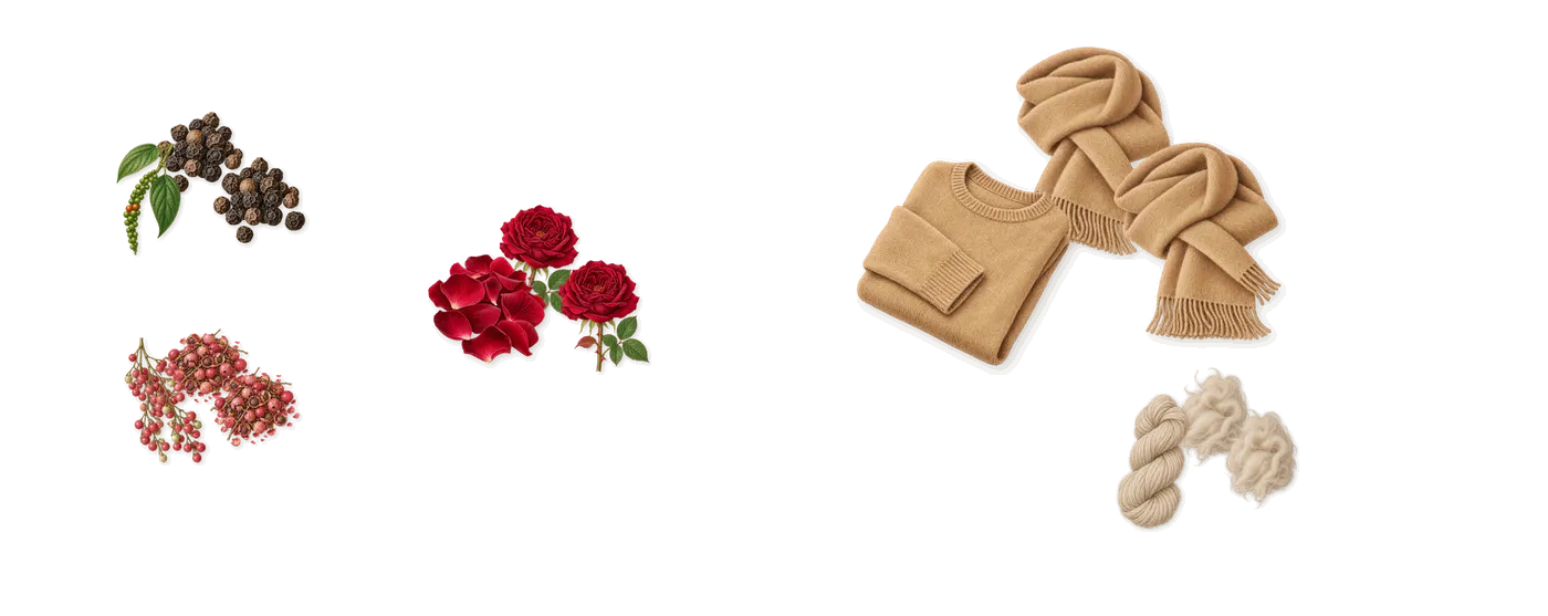 Raving Rose’s scent picture, a draft: pink pepper, black pepper, rose, cashmeran (cashmere wood), musk drawn so far; dashed outlines where nothing is drawn yet