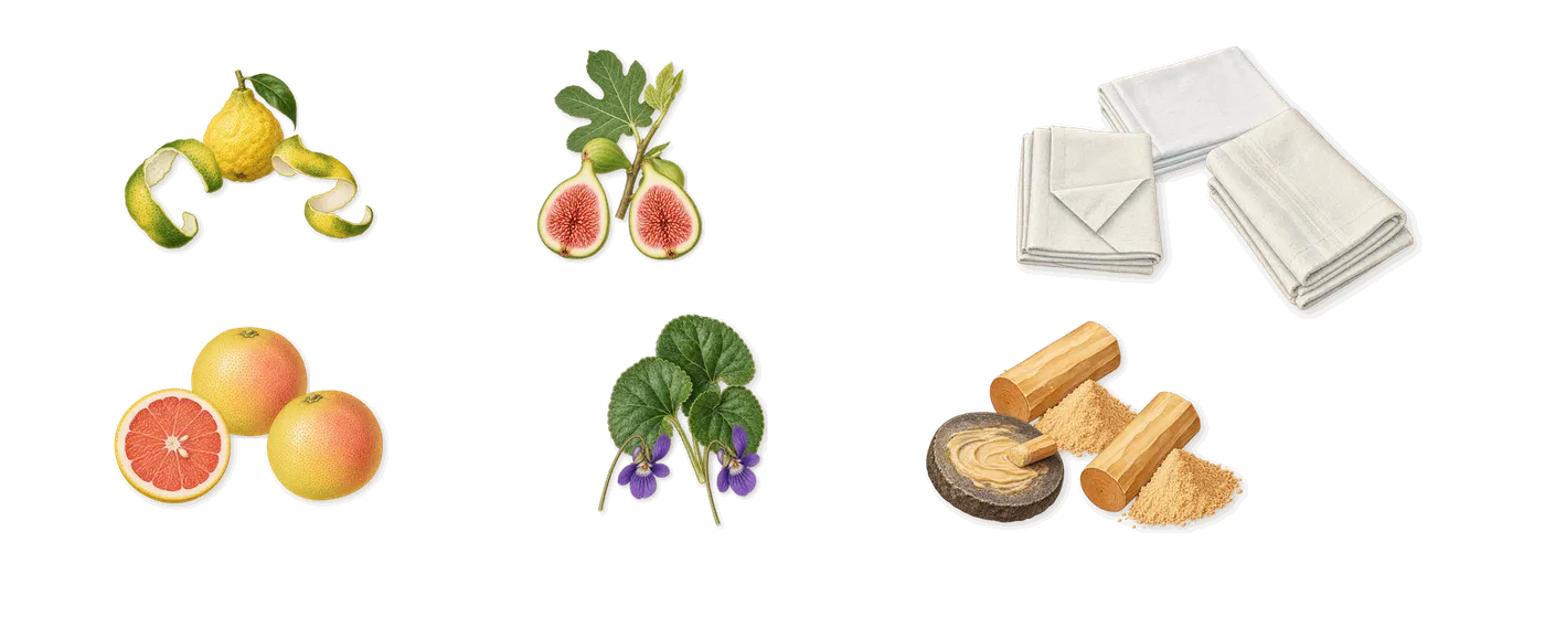 Santal Greenery’s scent picture, a draft: bergamot, grapefruit, violet, fig, sandalwood, white musk drawn so far; dashed outlines where nothing is drawn yet