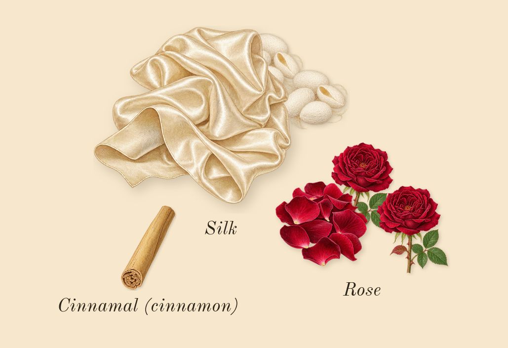 Soie Malaquais, heart: Rose, Silk, Cinnamal (cinnamon)
