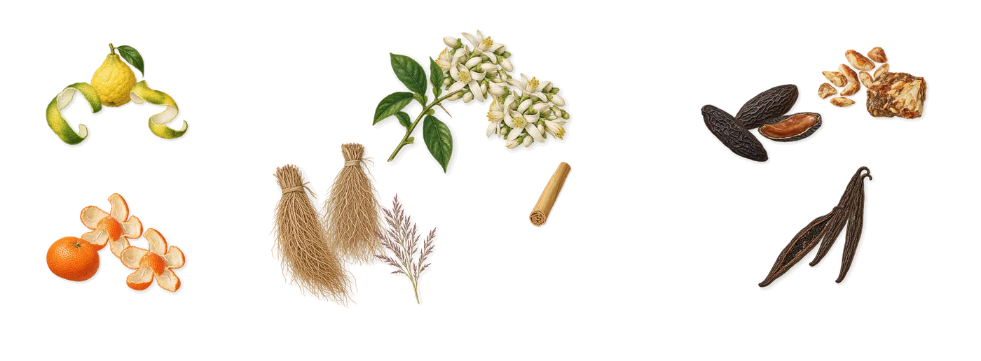 Sur Ma Peau’s scent picture, a draft: bergamot, mandarin, bitter orange, vetiver, vanilla, tonka (coumarin) drawn so far; dashed outlines where nothing is drawn yet