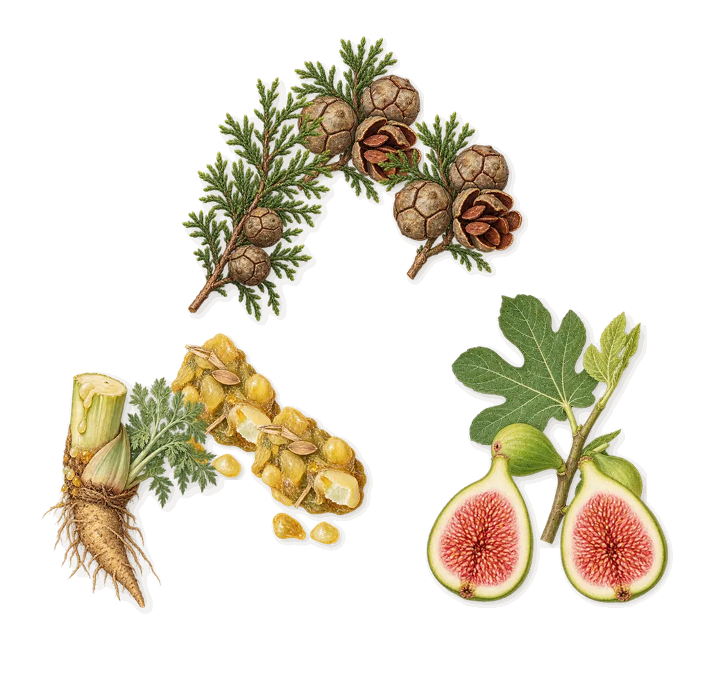 Vanille Camouflage, when you spray it: Galbanum, Cypress, Fig