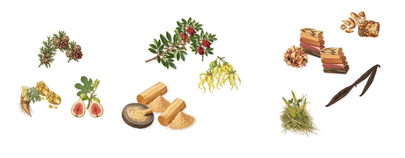 Vanille Camouflage’s scent picture, a draft: galbanum, cypress, fig, lentisk, ylang-ylang, sandalwood drawn so far; dashed outlines where nothing is drawn yet