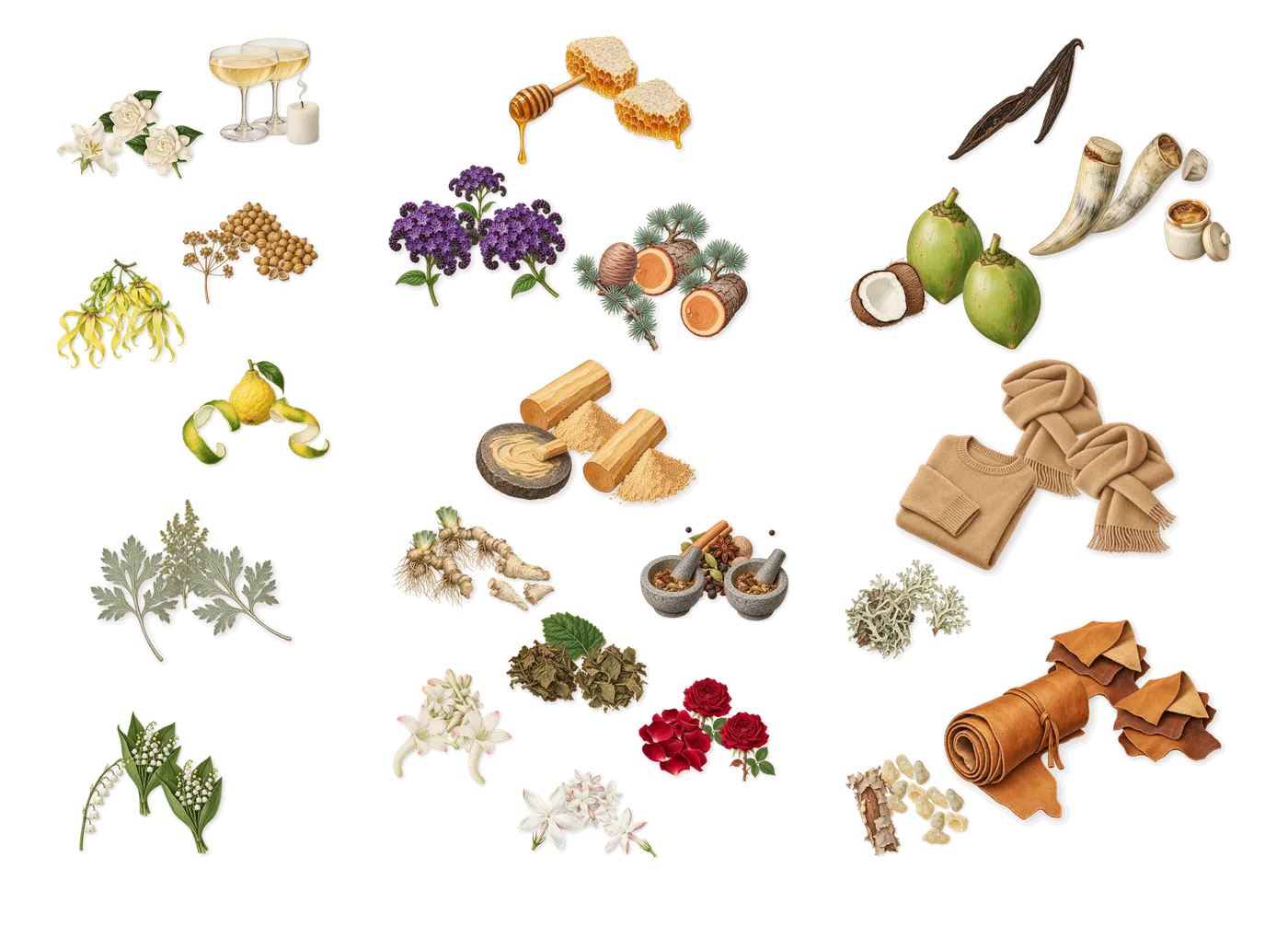 Passion’s scent picture, a draft: aldehydes, coriander, gardenia, artemisia, ylang-ylang, bergamot drawn so far; dashed outlines where nothing is drawn yet