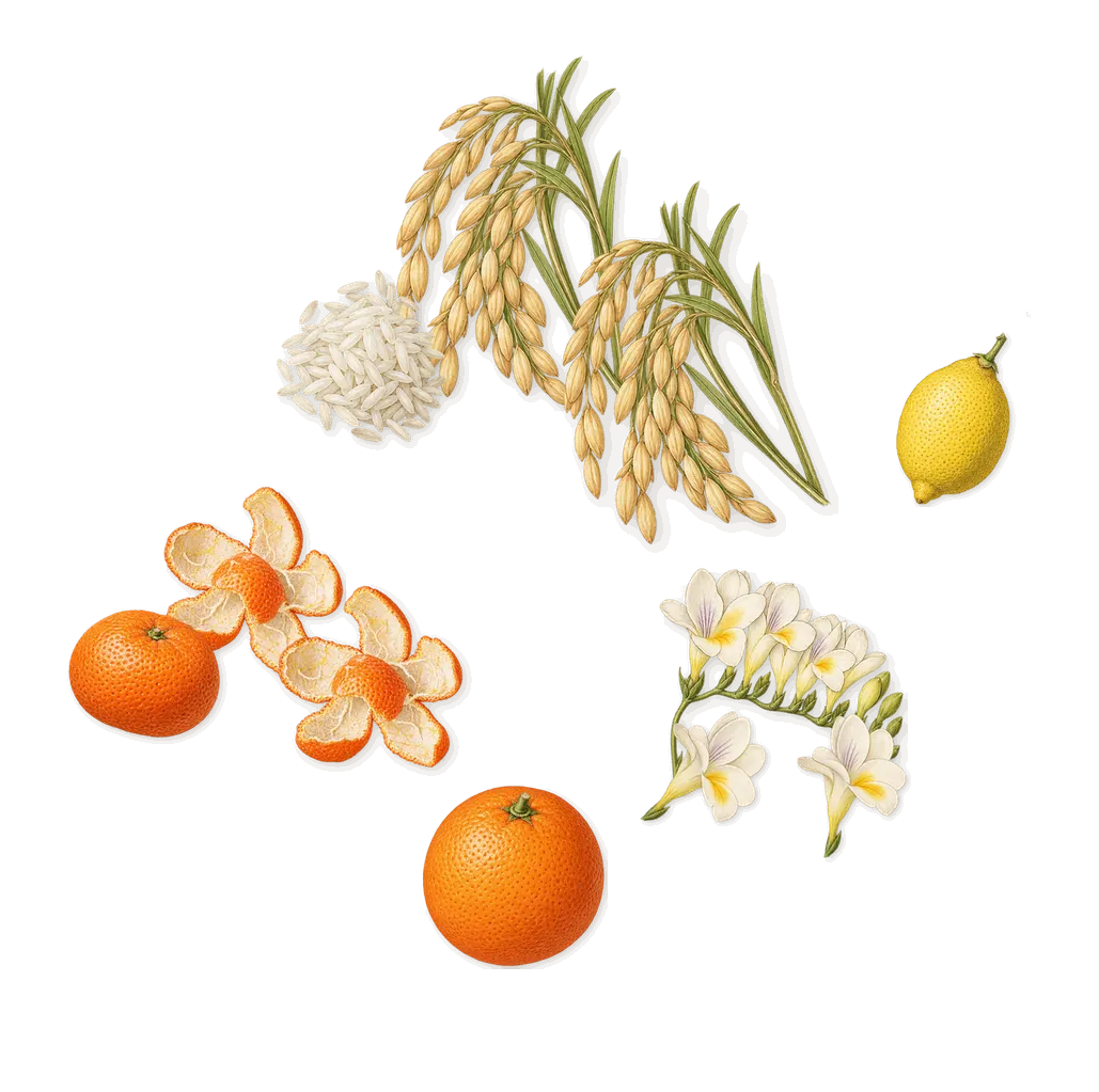 Vanilla Rice, when you spray it: Mandarin, Freesia, Rice, Sweet orange, Lemon