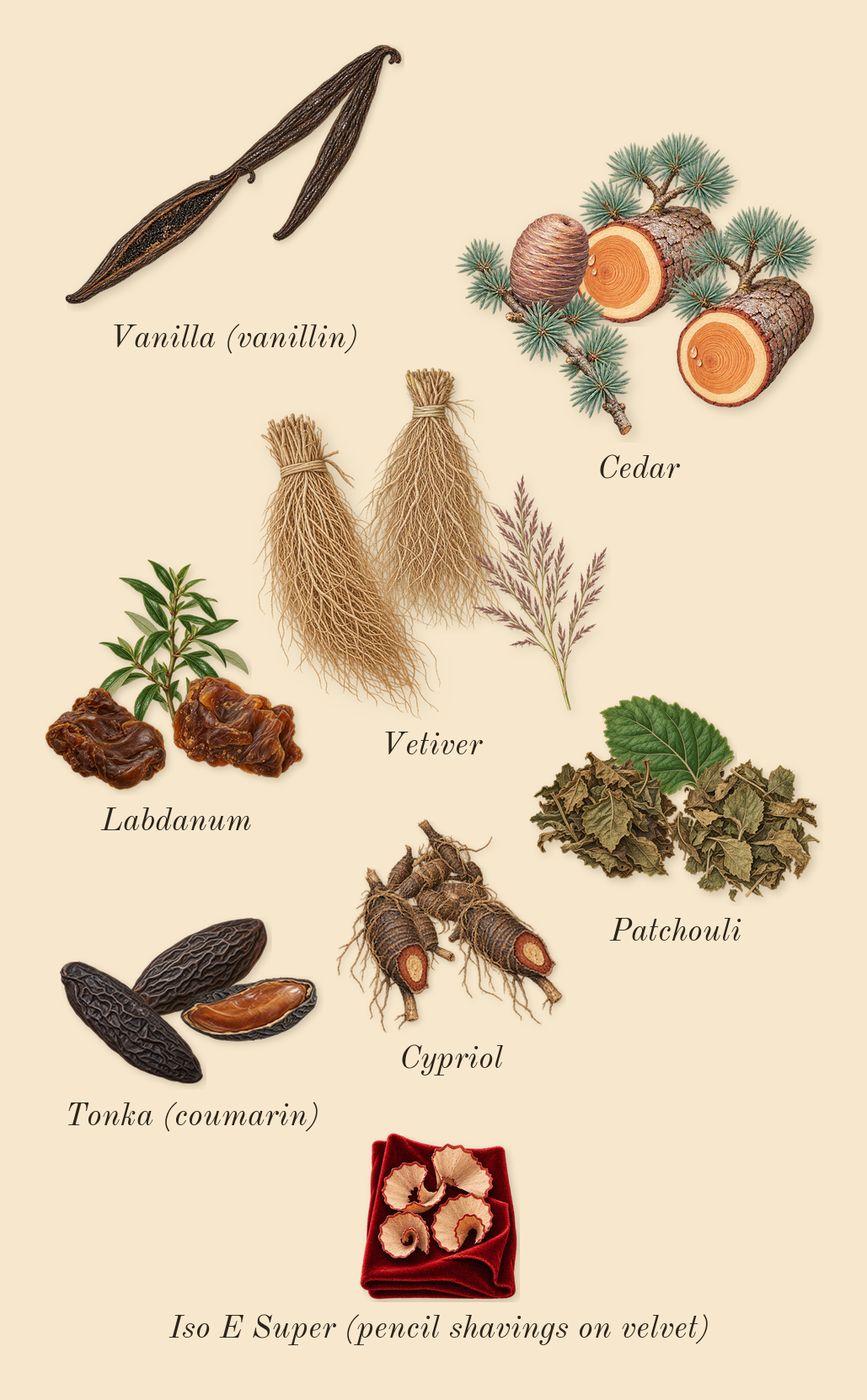 Elsewhere, dry-down: Tonka (coumarin), Vanilla (vanillin), Cedar, Labdanum, Cypriol, Vetiver, Patchouli, Iso E Super (pencil shavings on velvet)