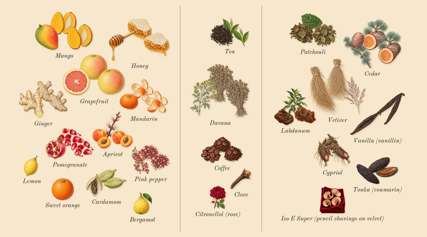 Elsewhere’s scent picture, a draft: honey, mandarin, grapefruit, mango, pomegranate, apricot drawn so far; dashed outlines where nothing is drawn yet