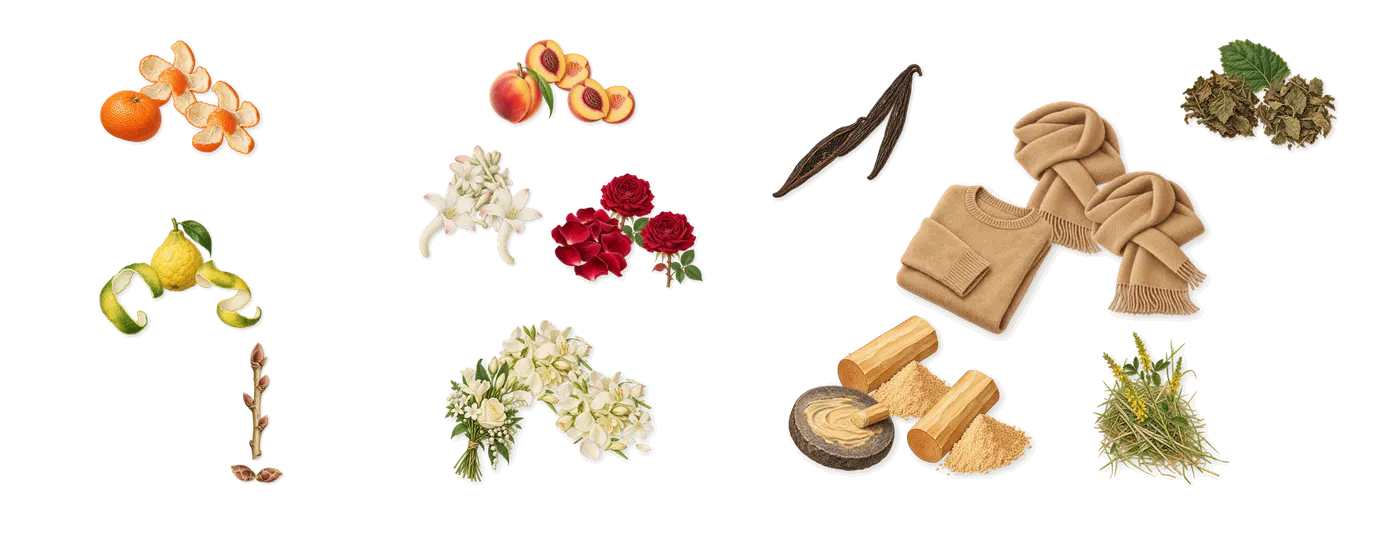Bathing in a Daydream’s scent picture, a draft: bergamot, blackcurrant, mandarin, rose, peach, tuberose drawn so far; dashed outlines where nothing is drawn yet