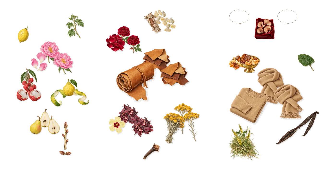 Choose Happiness’s scent picture, a draft: lychee, bergamot, pear, peony, blackcurrant, rose drawn so far; dashed outlines where nothing is drawn yet