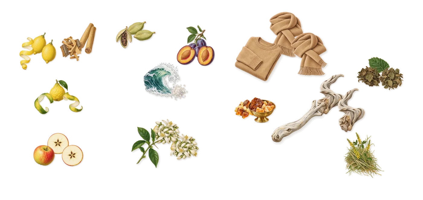 Hangover Meditation’s scent picture, a draft: apple, bergamot, lemon, cinnamon, orange blossom, cardamom drawn so far; dashed outlines where nothing is drawn yet