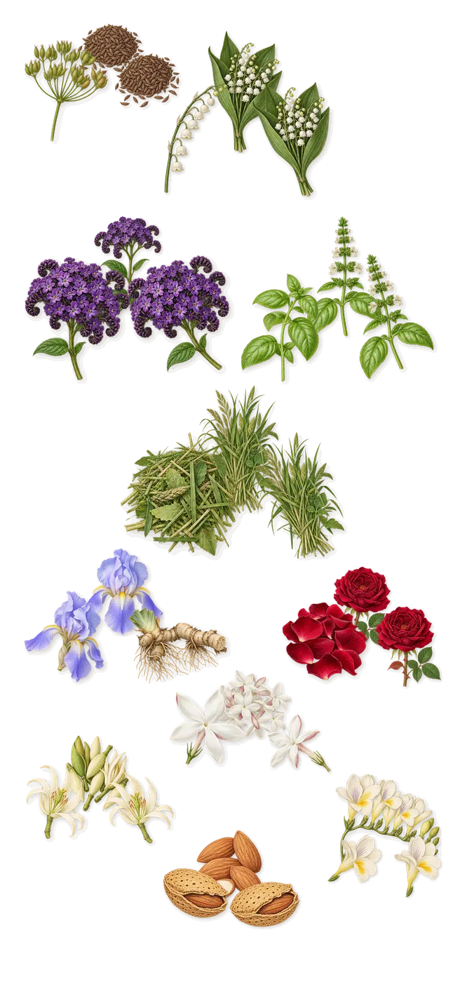 Magnetism, as it settles: Green leaves, Basil, Almond, Iris, Freesia, Heliotrope, Jasmine, Magnolia, Rose, Caraway, Lily of the valley