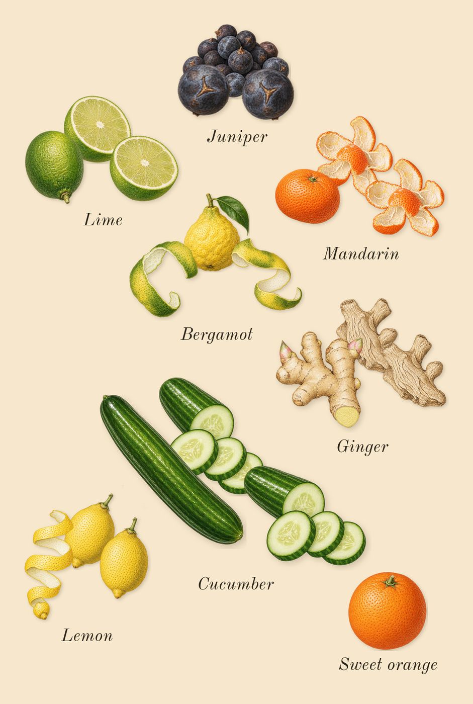 Cologne One, top notes: Juniper, Lemon, Lime, Mandarin, Bergamot, Ginger, Cucumber, Sweet orange