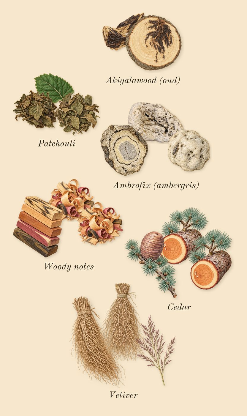 Bois Impérial, dry-down: Vetiver, Woody notes, Akigalawood (oud), Patchouli, Ambrofix (ambergris), Cedar