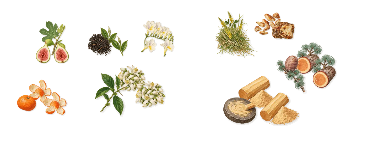 Fig Infusion’s scent picture, a draft: fig, mandarin, freesia, orange blossom, tea, cedar drawn so far; dashed outlines where nothing is drawn yet