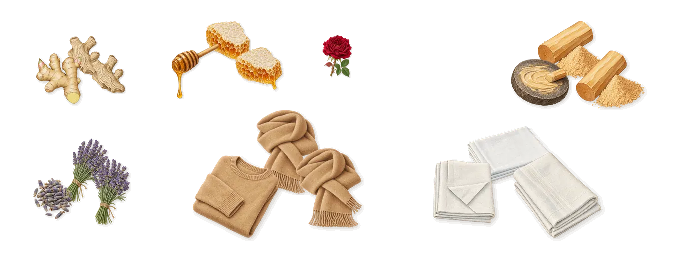 The Musc’s scent picture, a draft: ginger, lavender, honey, nirvanolide musk, sandalwood, serenolide (musk) drawn so far; dashed outlines where nothing is drawn yet