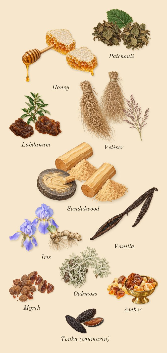 Beautiful, dry-down: Sandalwood, Vetiver, Amber, Honey, Labdanum, Iris, Myrrh, Oakmoss, Patchouli, Tonka (coumarin), Vanilla