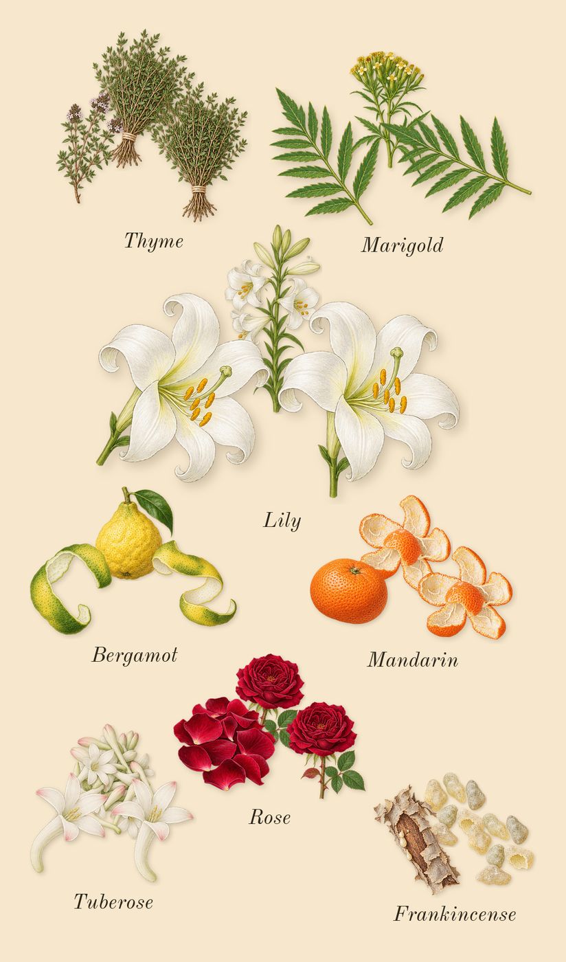 Beautiful, top notes: Rose, Mandarin, Lily, Tuberose, Marigold, Bergamot, Thyme, Frankincense