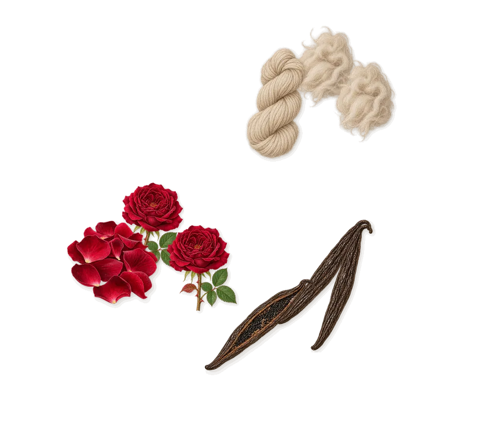 Glimmer, as it settles: Rose, Vanilla (vanillin), Cashmeran (cashmere wood)